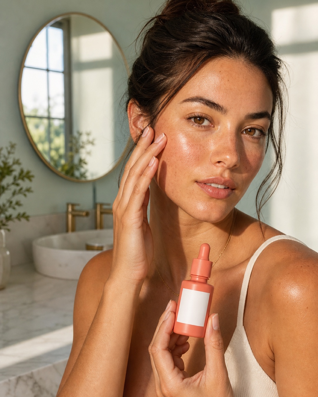 Portrait skincare ad creative showing a woman holding a coral serum bottle