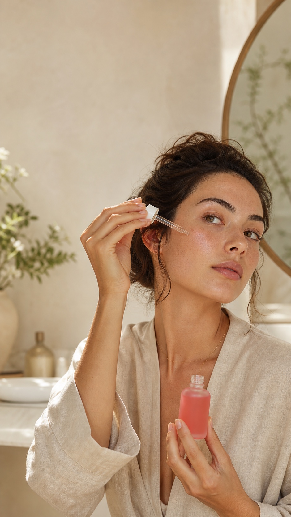 Generated vertical skincare ad showing a woman applying serum with a glass dropper